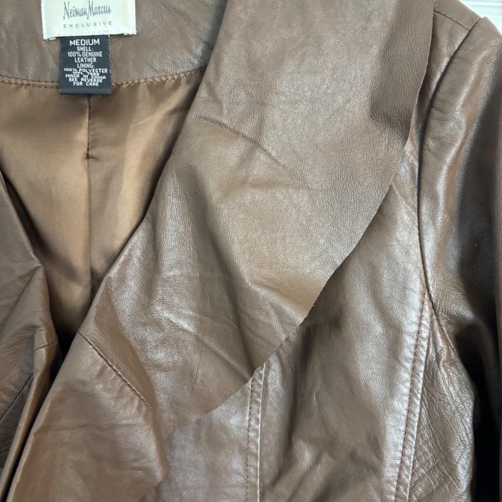 Neiman Marcus Exclusive Brown Genuine Leather Ruffle Draped Front Jacket Medium - Picture 6 of 15
